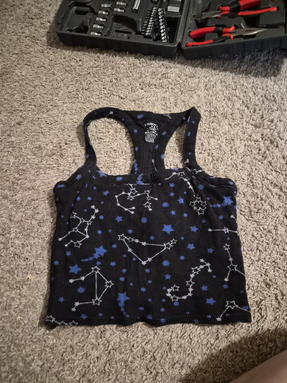 TomboyX Black Racerback Tank with Blue & White Constellation Print